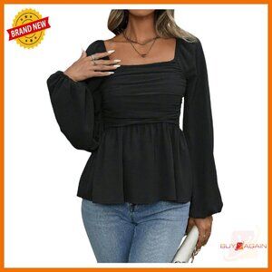 Long Sleeve Ruched Square Neck Ruffle Hem Peplum Blouse Top